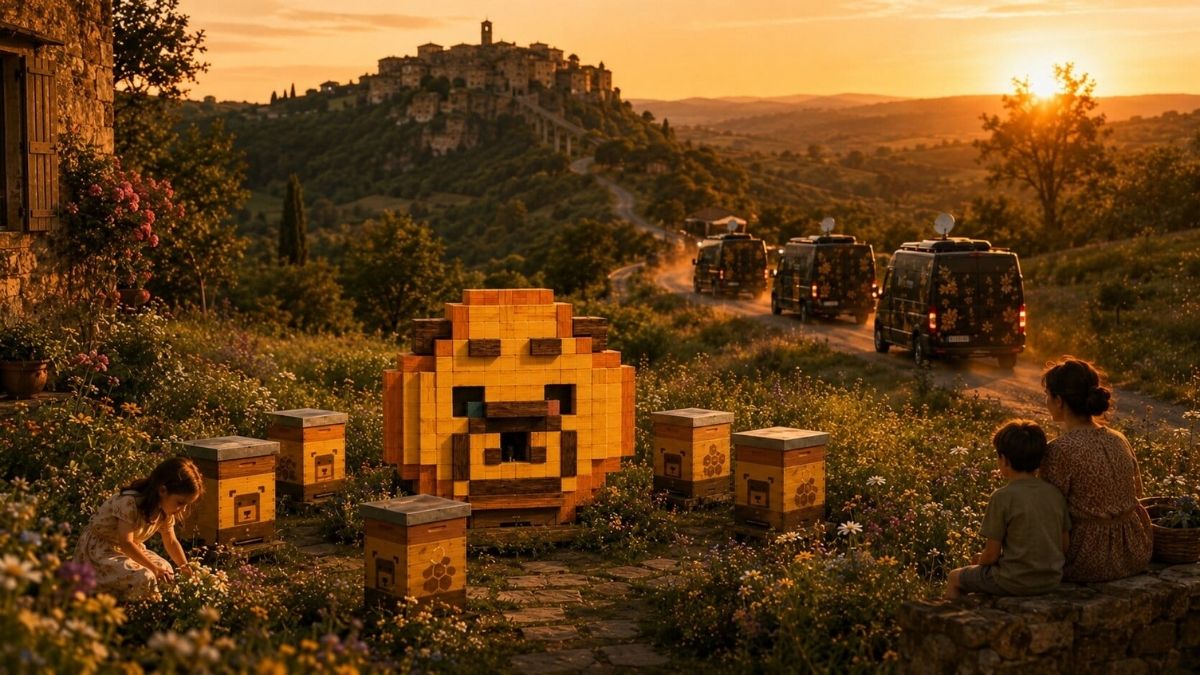 I camper ApeTerra ripartono al tramonto lasciando una nuova installazione nel territorio