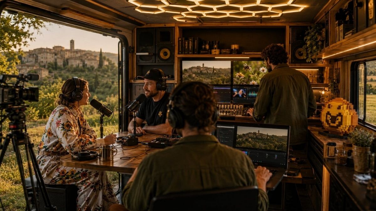 Interno della redazione mobile ApeTerra con podcast, montaggio e regia