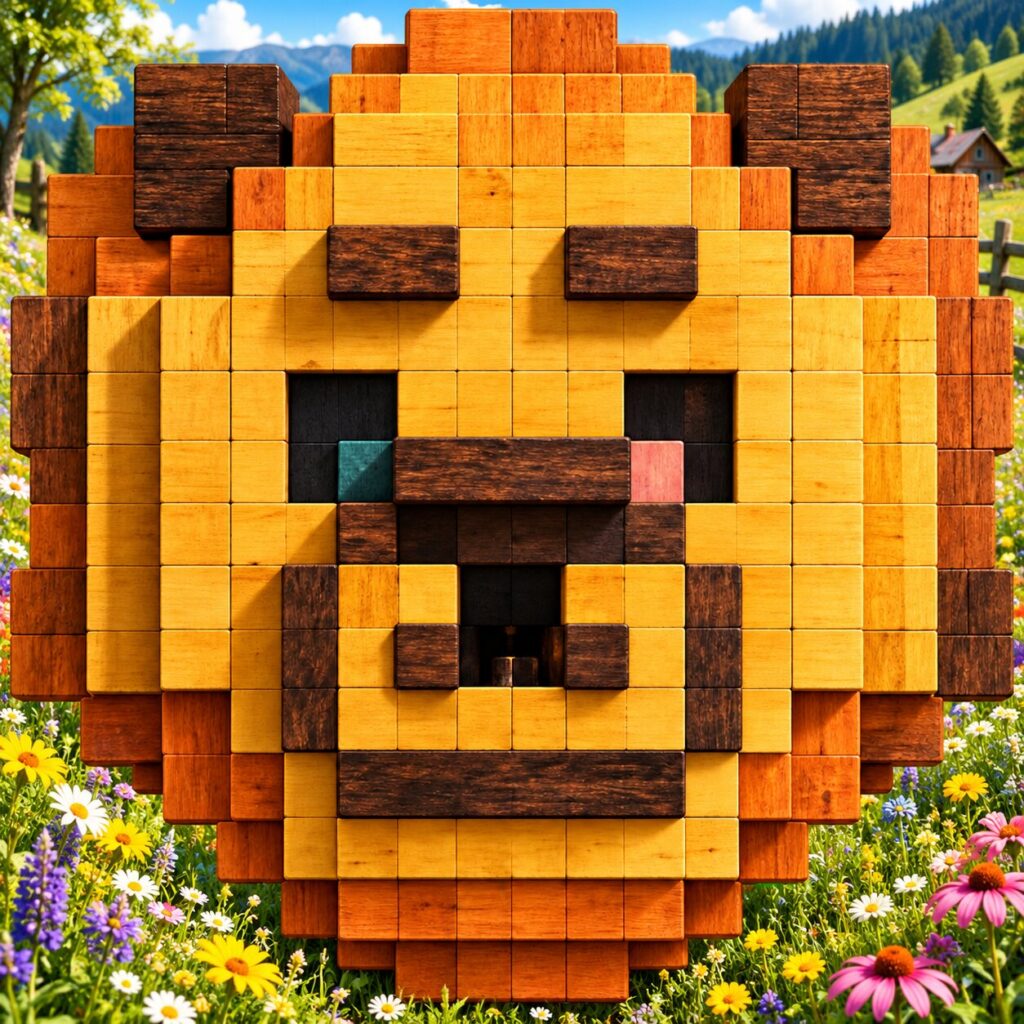Full illustrative image of ApeTerra Bear #001 in a flower meadow, used in the interactive pixel grid