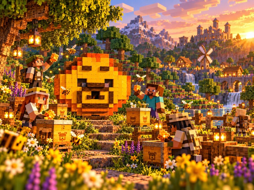 ApeTerra Minecraft: un mondo virtuale per esplorare api e biodiversità | ApeTerra Diario Illustrazione del mondo Minecraft ApeTerra, ambiente virtuale ispirato ad alveari e natura